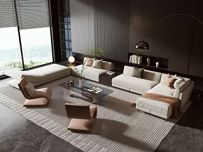 White Sofa And Glass Coffee Table Set In Modern Living Room With Beige Accent Chairs Rug And Large Window 3d model