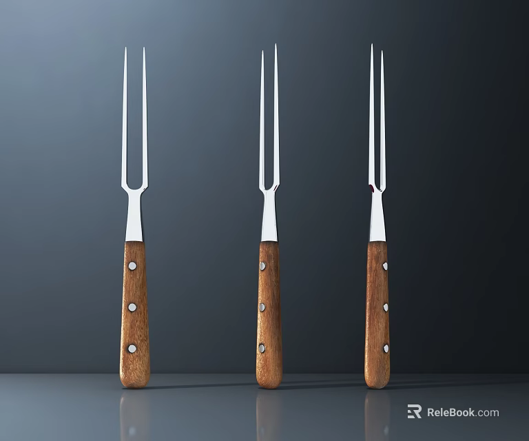 Three Metal Kitchen Forks Featuring Wooden Handles And Stainless Steel Tines 3d model 