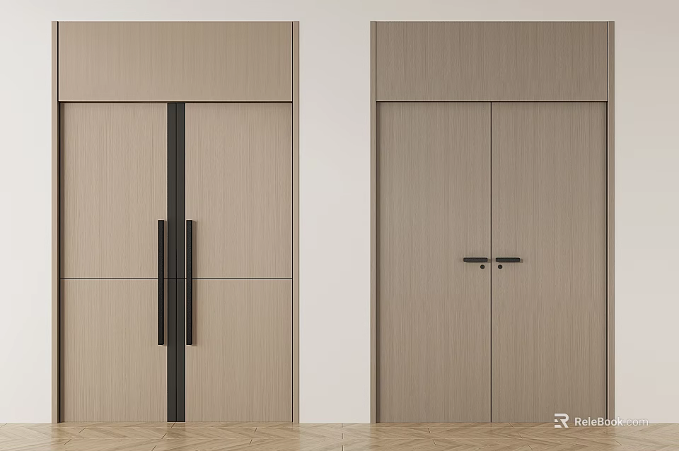 Modern Wooden Double Doors With Sleek Design And Metal Handles Interior 3d model 