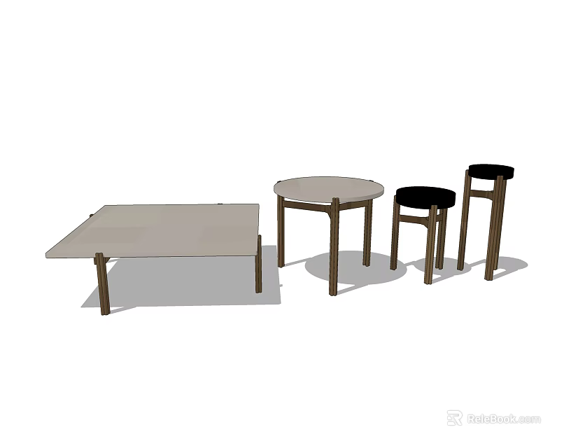 Modern Coffee Table Set With Rectangular Top Round Side Table And Black Padded Stools 3d model 
