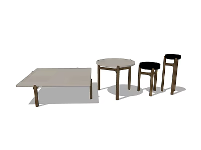 Modern Coffee Table Set With Rectangular Top Round Side Table And Black Padded Stools 3d model