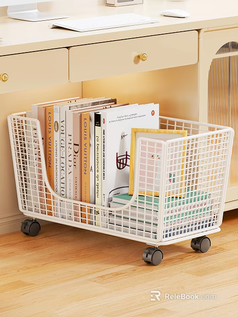 Organized Study Room Interior With White Rolling Wire Storage Basket Holding Books On Wooden Floor 3d model 