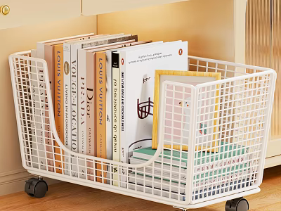 Organized Study Room Interior With White Rolling Wire Storage Basket Holding Books On Wooden Floor 3d model