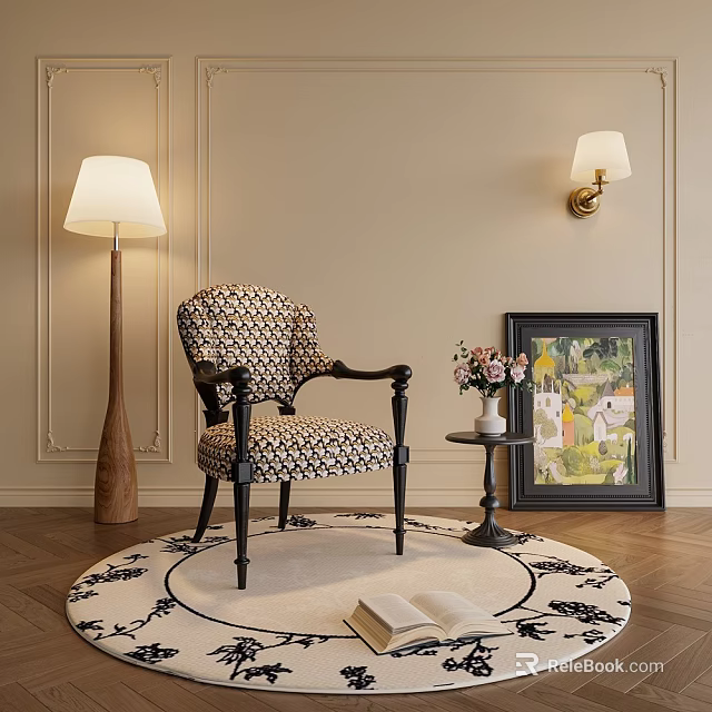 Patterned Fabric Dining Chair With Armrests Floor Lamp And Round Rug On Wooden Floor 3d model 