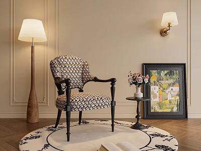 Patterned Fabric Dining Chair With Armrests Floor Lamp And Round Rug On Wooden Floor 3d model