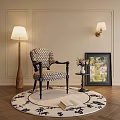 Patterned Fabric Dining Chair With Armrests Floor Lamp And Round Rug On Wooden Floor