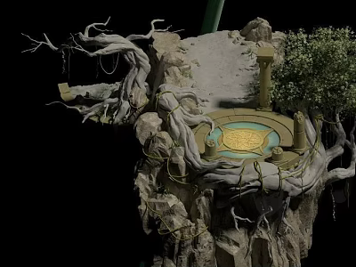 Floating Rock Platform With Ancient Tree Roots Circular Golden Object Stone Pillar And Small Tree 3d model