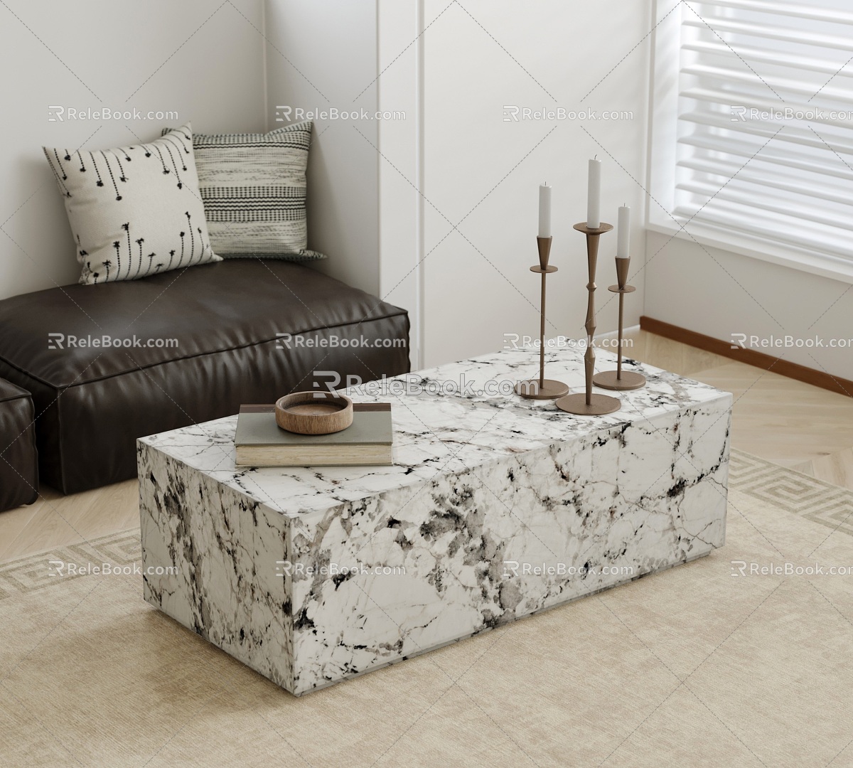 Light Luxury Bulgari Coffee Table Marble Coffee Table Rock Board Coffee Table Candle Holder Texture Carpet 3d model