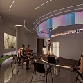 Modern Exhibition Hall Featuring Curved Architectural Design Ambient Lighting Reception Desk And Visitors