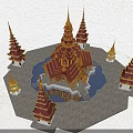 Traditional Thai Pagoda Complex With Golden Spires Red Accents And Circular Water Platform
