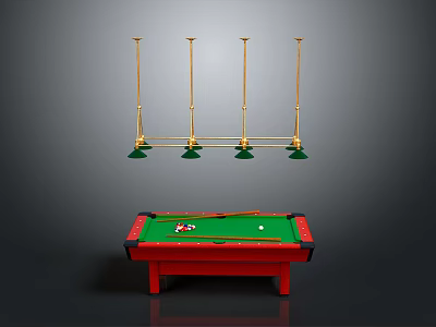 Red Frame Pool Table With Green Felt Surface And Gold Pendant Lights Hanging Above 3d model