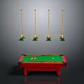 Red Frame Pool Table With Green Felt Surface And Gold Pendant Lights Hanging Above