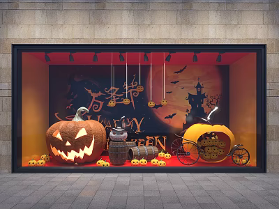 Halloween Shop Window Display With Jack O Lanterns Bats Castle Backdrop And Red Floor 3d model