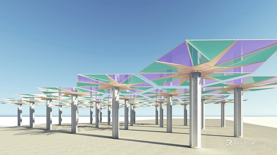 Modern Colorful Glass Canopy with Multiple Pillars on Beach under Blue Sky 3d model 