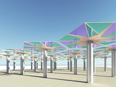 Modern Colorful Glass Canopy with Multiple Pillars on Beach under Blue Sky 3d model