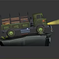 Green Military Tank With Metal Railings And Glowing Headlights On Gray Platform