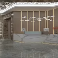 Modern Hotel Lobby Interior With Marble Reception Desk Decorative Ceiling Green Plants And Wall Art