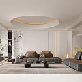 Modern Living Dining Room Interior With Leather Sofas Coffee Tables And Round Ceiling Light Decor 3d model