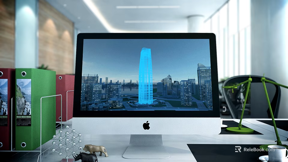 Apple iMac Displaying Blue Skyscraper City Design On Modern Office Desk With Folders And Lamp 3d model 