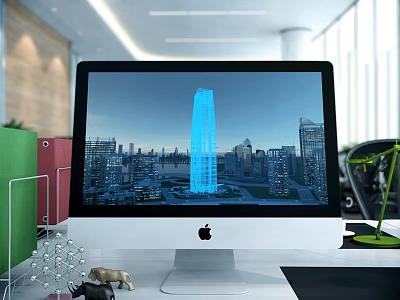 Apple iMac Displaying Blue Skyscraper City Design On Modern Office Desk With Folders And Lamp 3d model