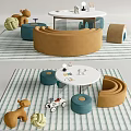 Round White Kids Table with Blue Small Stools Toys and Plush Toy on Striped Rug