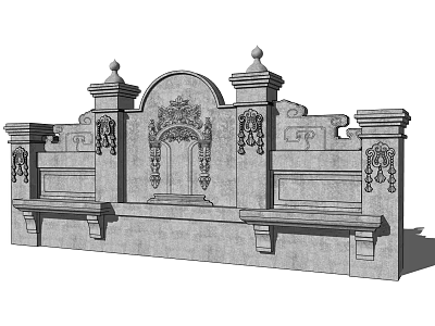 Ornate Stone Architectural Component with Symmetrical Pillars Carvings Decorative Spires Central Arch and Side Seating 3d model