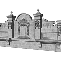 Ornate Stone Architectural Component with Symmetrical Pillars Carvings Decorative Spires Central Arch and Side Seating