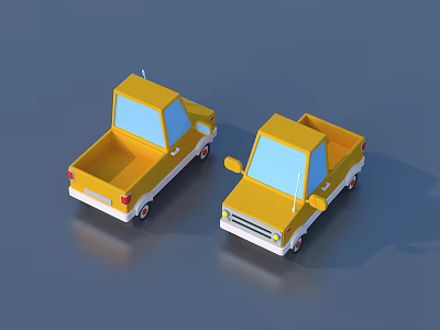 Two Yellow Small Truck Models With Blue Windows And Gray Surface 3d model
