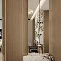 Modern Entryway Hallway Interior With Wooden Panels Marble Countertop And Hanging Lights