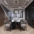 Modern Dining and Living Room Interior With Gray Sofa Marble Coffee Table And Chandelier