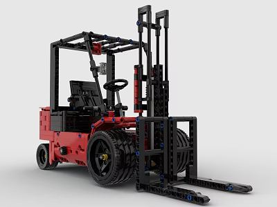 Red Building Blocks Forklift Model with Detailed Cab Forks and Black Wheels 3d model