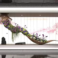Indoor Landscape With Hanging Floral Installation Purple Pink Flowers Green Plants Light Wall