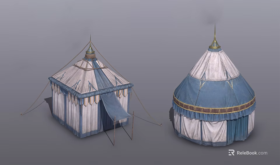 Decorative Blue And White Tents With Gold Accents Square And Round Shapes 3d model 