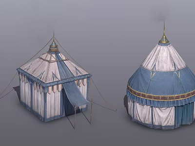 Decorative Blue And White Tents With Gold Accents Square And Round Shapes 3d model