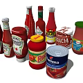 Assorted Red Condiment Bottles With Ketchup Tomato Sauce And Cans For Kitchen 3d model