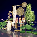 Traditional Bamboo Commercial Display Equipment With Red Packaged Goods And Green Plant Decorations