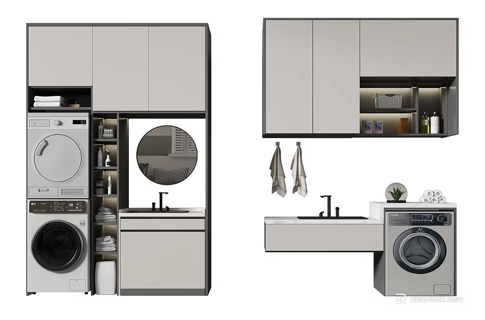 Modern Bathroom Cabinet with Washer Mirror Towels and Sink Storage Design 3d model 