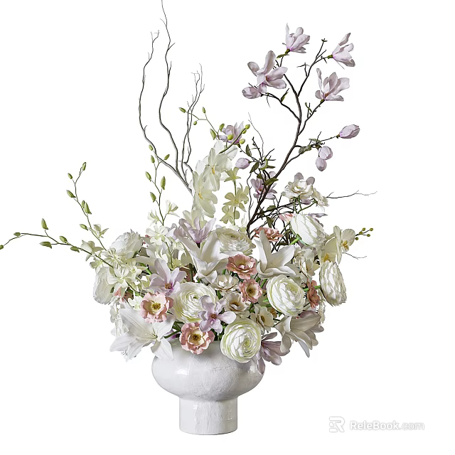 Decorative White Vase With Mixed White Pink Purple Flowers And Green Branches 3d model 