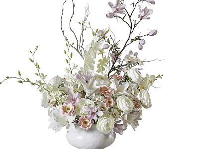 Decorative White Vase With Mixed White Pink Purple Flowers And Green Branches 3d model