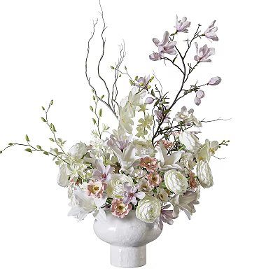 Decorative White Vase With Mixed White Pink Purple Flowers And Green Branches 3d model