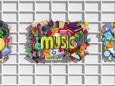 Colorful Music Themed Wall Decor With Musical Instruments And Vibrant Patterns 3d model