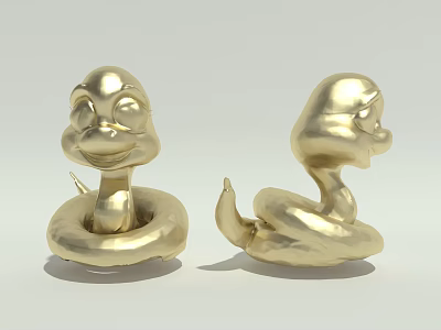 Two Golden Cartoon Snake Figurines With Smiling Faces And Coiled Bodies 3d model