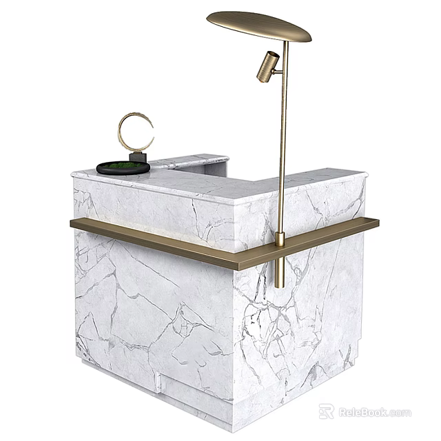 Modern Luxury Reception Desk With White Marble Surface Gold Lamp And Decorative Ring 3d model