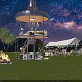 Starry Sky Two Story Circular Guesthouse on Grassland With Palm Trees Tent Bonfire and Mountains