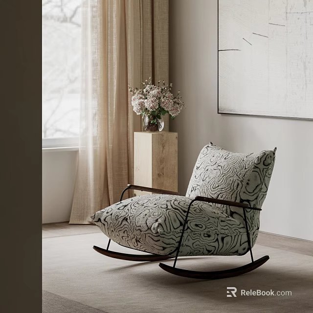 Neutral Toned Patterned Rocking Lounge Chair with Wooden Side Table Vase and Wall Art 3d model 