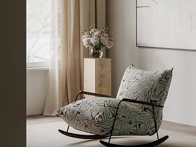 Neutral Toned Patterned Rocking Lounge Chair with Wooden Side Table Vase and Wall Art 3d model