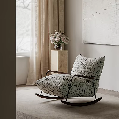 Neutral Toned Patterned Rocking Lounge Chair with Wooden Side Table Vase and Wall Art 3d model