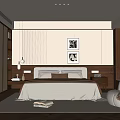Modern Bedroom Interior With Striped Headboard Wall Wooden Furniture Accent Chair And Woven Rug