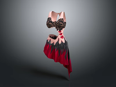 Fashionable Women Dress With Black Lace Details And Red Black Asymmetrical Hem 3d model