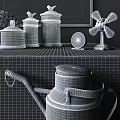 Modern Gray Console Table With Glass Jars Decorative Sphere Clock Windmill And Watering Can